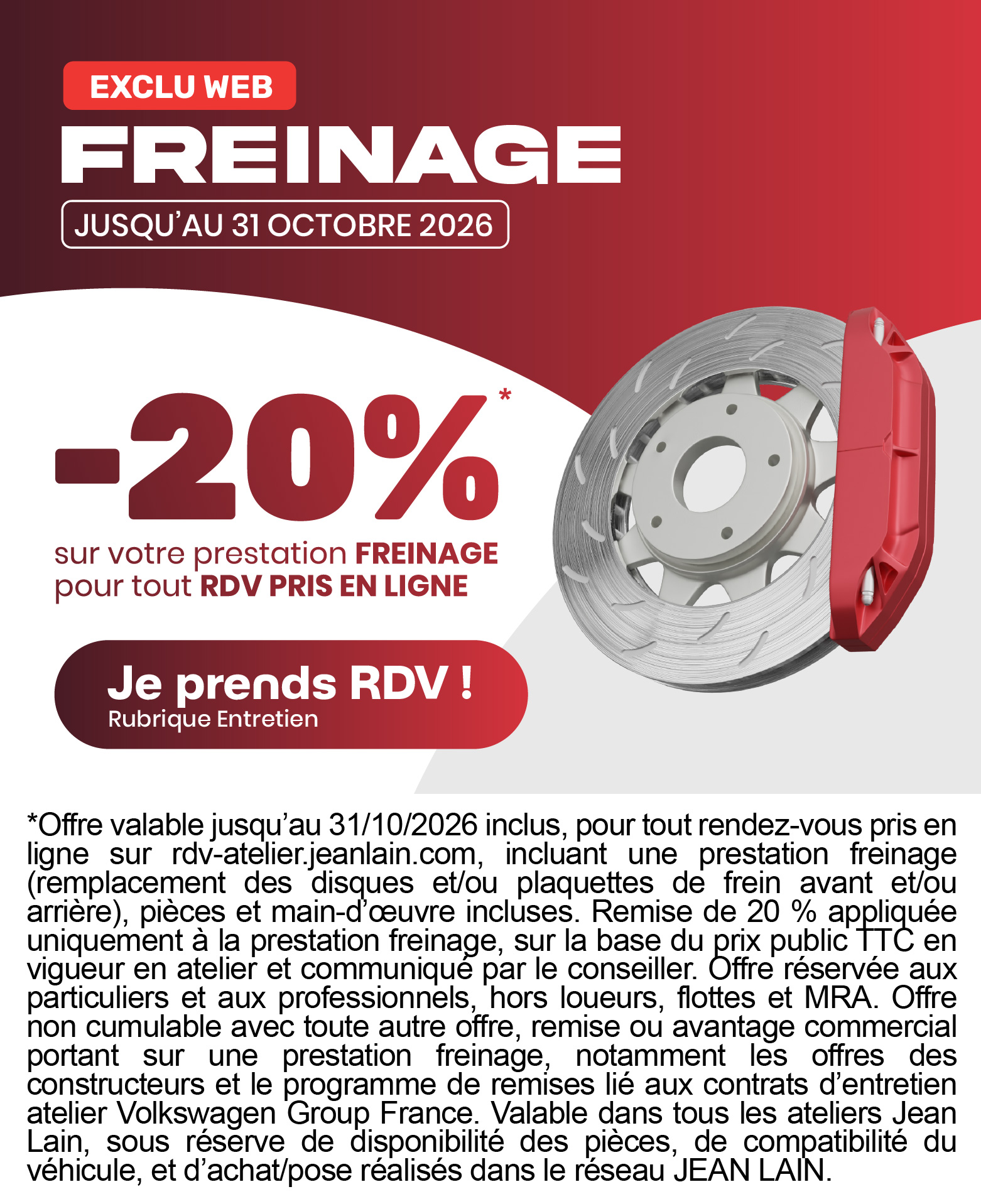 FREINAGE SEPT OCT 2026 - EXCLU WEB 20% - RDV EN LIGNE